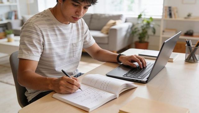 Asian student working from home writing notes and using laptop at sunny living room desk