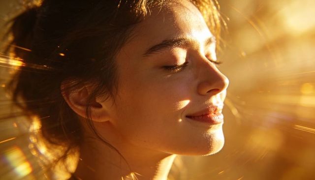 Young woman basking in golden hour sunlight, serene headshot with warm lens flare