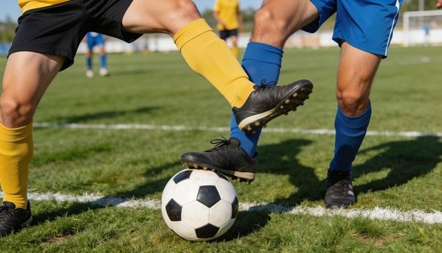 Closeup soccer duel competing for ball on sideline white line, yellow and blue socks clash