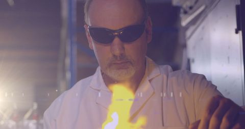 Caucasian Engineer in Workshop with Intense Glow Effects