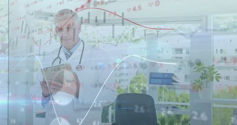Doctor analyzing financial data with tablet in modern office