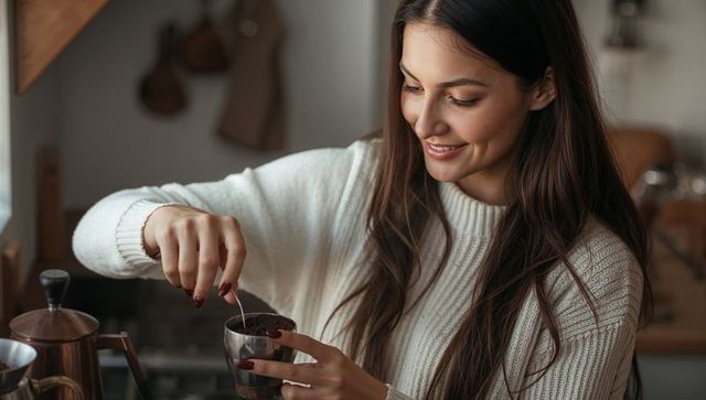 Smiling woman stirring coffee grounds in metal cup cozy at-home kitchen morning ritual