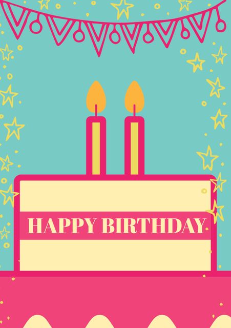 A vibrant birthday card featuring a large cake with two lit candles against a blue background, adorned with stars and festive bunting. Suitable for birthday invitations, greetings, or decorations.