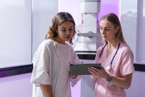Nurse Reviewing Mammogram Results with Patient on Tablet during Mammography Appointment
