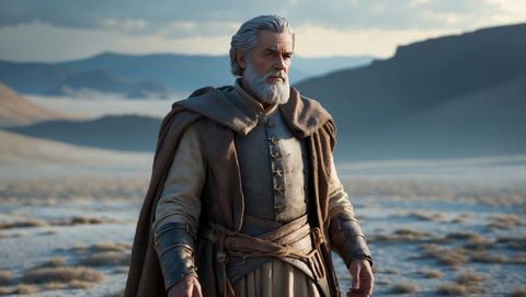 Rugged traveler journeying across barren landscape