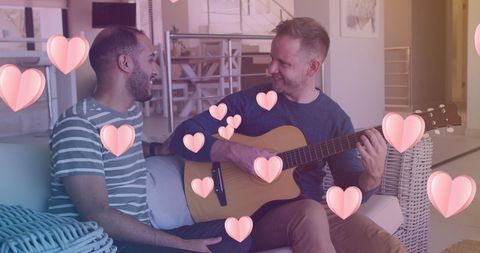 Romantic Couple Playing Guitar with Heart Overlay