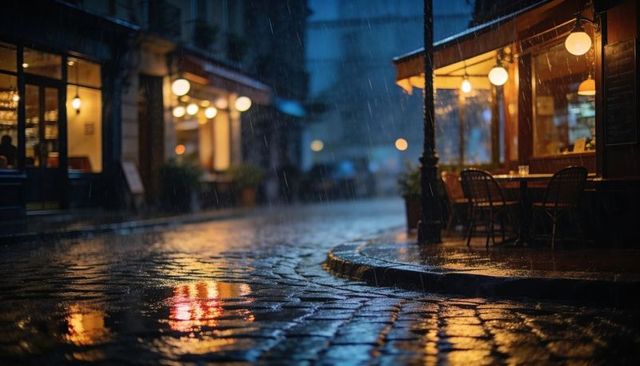 Glowing corner cafe reflecting on rain-soaked cobblestone street nighttime cinematic mood
