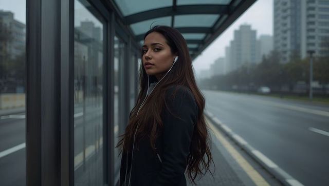 Woman listening with earphones at urban bus stop