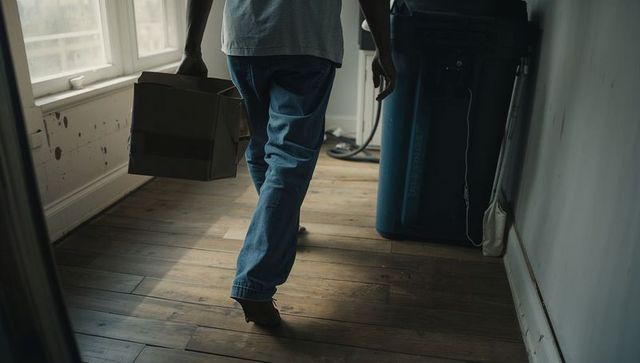 Walking through sunlit hallway carrying cardboard box on hardwood floor during minimalist move