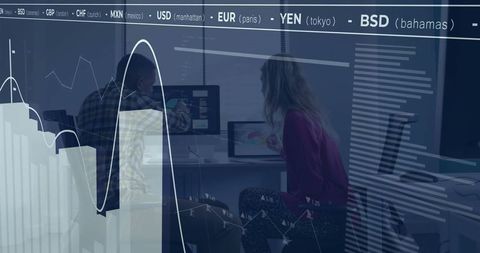 Team analyzing financial data with currency exchange overlay