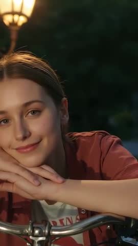 Vertical video: Woman leaning on bike handlebars at twilight, resting with eyes closed