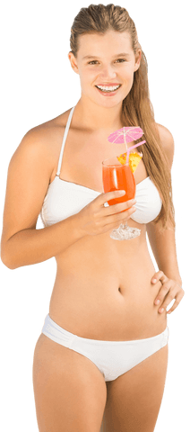 Smiling Woman in Bikini Holding Colorful Tropical Drink on Transparent Background