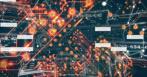 Glowing PCB Circuitry Overlaying Digital HUD, Neon Copper Traces and Pulsing Nodes