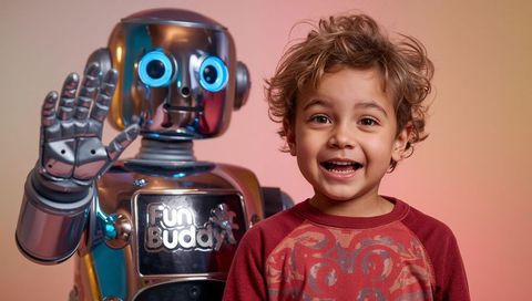 Joyful child smiling with chrome fun buddy robot in warm studio lighting