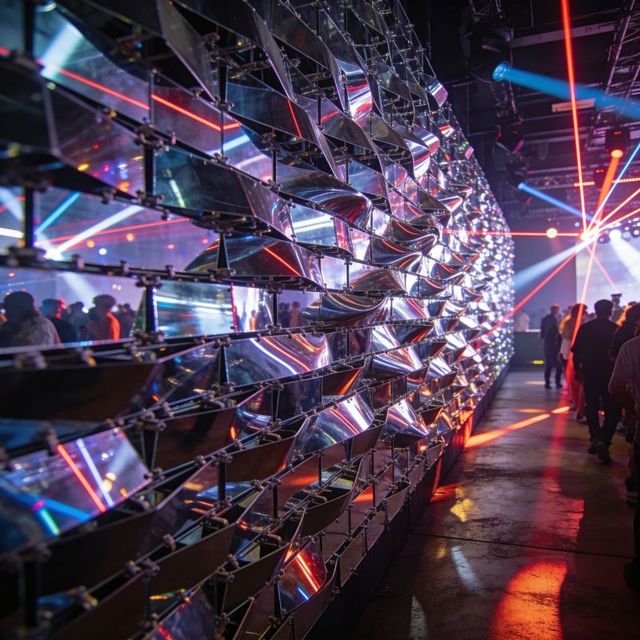 Curved mirror installation reflecting neon lasers and moving crowd at indoor event