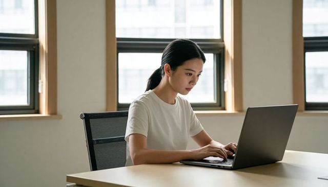 Focused young woman typing on laptop at minimalist sunlit office desk with triple windows