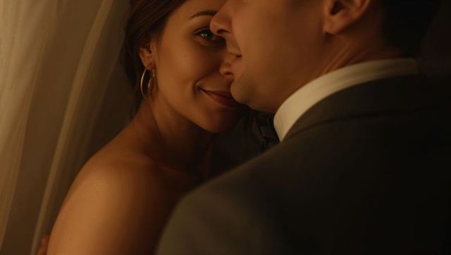 Bride and groom sharing intimate embrace near curtain, warm golden glow, romantic close-up