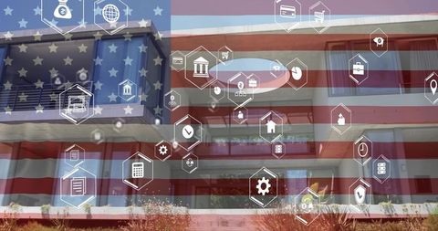 Modern american condo facade with us flag overlay and real estate tech icons