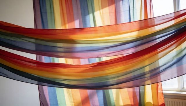Sunlit sheer rainbow fabrics draping across window casting translucent multicolor shadows