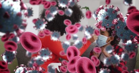 Mother Adjusting Masks on Son Against Coronavirus Background