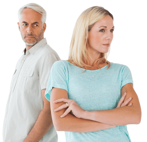 Unhappy caucasian couple facing estrangement transparent background