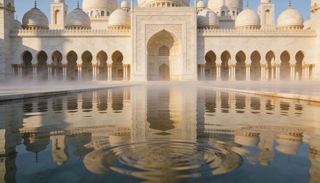 Grand white marble mosque reflecting in courtyard pool, domes and arches glowing sunrise