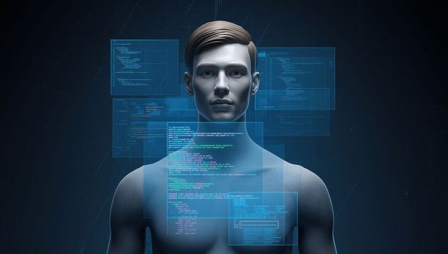 Futuristic Humanoid with Digital Code Panels