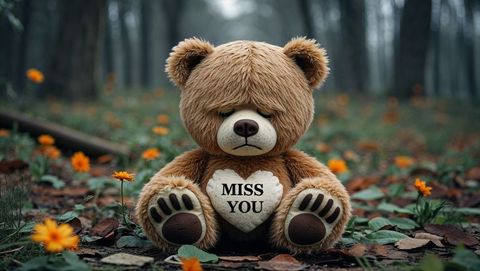Teddy bear with miss you heart pillow in serene forest