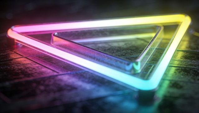 Prismatic neon triangle tubes resting on dark tile floor casting rainbow glow