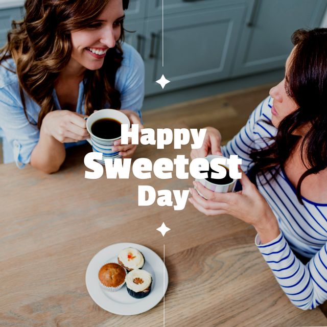 Image of happy sweetest day over caucasian female friends drinking coffee and eating cupcakes. Sweets, confectionery and desserts concept.