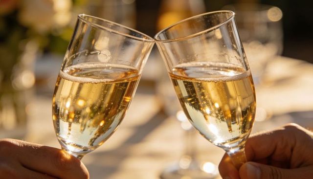 Clinking champagne flutes celebrating romantic sunset toast with bubbling golden sparkle