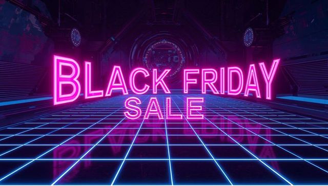 Black friday neon sale on reflective cyber grid floor retrofuturistic synthwave promotion