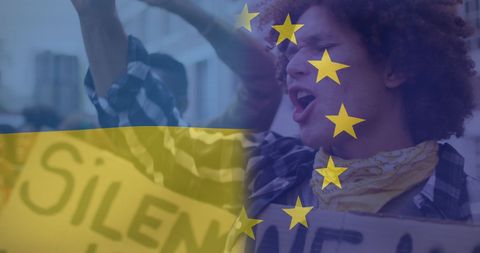 Protesters with Overlay of EU and Ukraine Flags Representing Unity and Solidarity - Download Free Stock Images Pikwizard.com