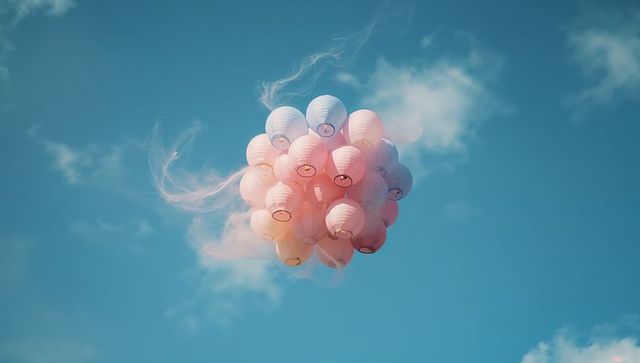 Cluster of Pastel Lanterns Floating in Blue Sky with Smoke Trails