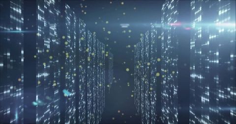 Futuristic data center corridor with floating digital particles
