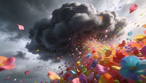 Hovering storm cloud pouring rainbow petal cascade over vibrant flower meadow, surreal