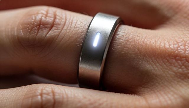 Brushed-metal Smart Ring with Lit Vertical LED on Finger Macro Closeup Texture Wearable
