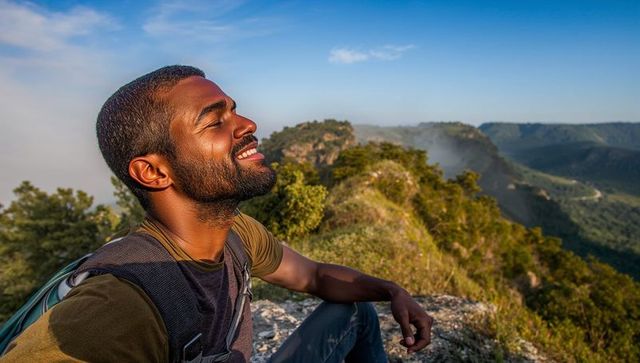 Hiker basking in golden light on ridge overlooking panoramic valley and forest