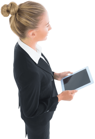 Caucasian Businesswoman Holding Digital Tablet on Transparent Background