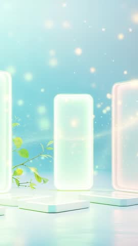 Vertical abstract tech gallery video with glowing mint center panel and drifting leaves