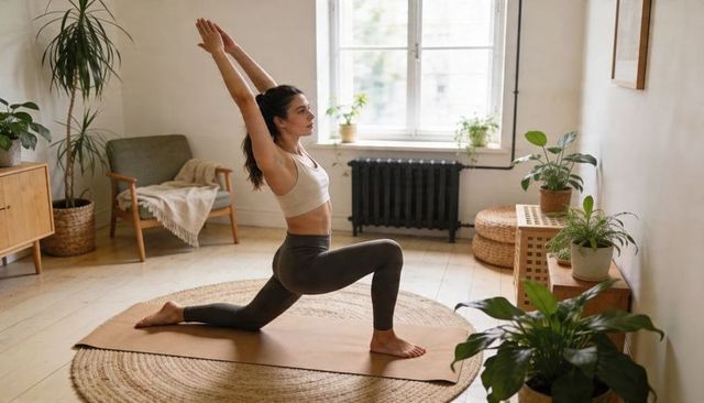 Woman practicing low lunge yoga in bright plant-filled living room promoting home wellness and calm