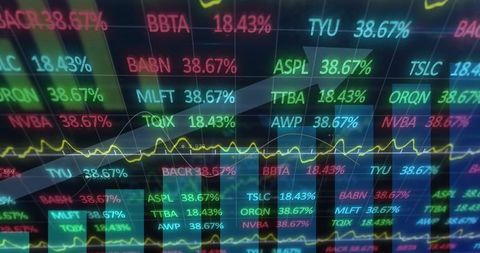 Modern stock market visualization with upward trends and colored tickers