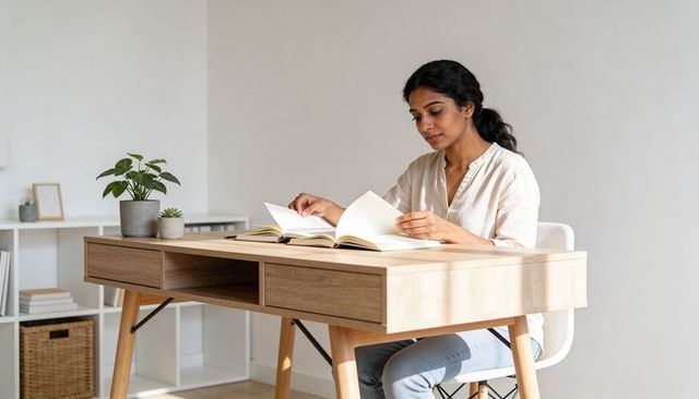 Woman reading at sunlit minimalist home desk studying with open books