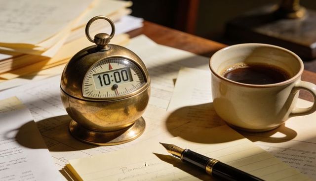 Glistening antique brass timer sitting on wooden desk with fountain pen, notepad, coffee
