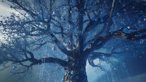 Ethereal Tree with Metallic Trunk and Crystal Orbs in Dusk