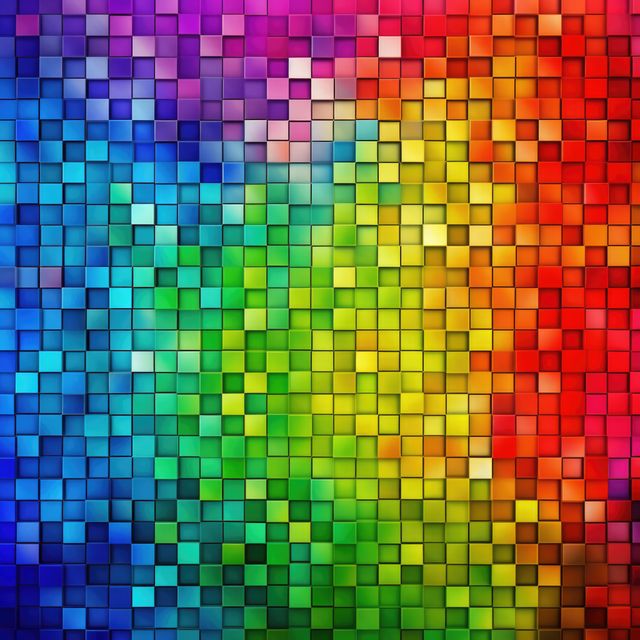 Abstract pixelated art illustration features a vibrant, multicolored array of squares in a digital mosaic style. Perfect for technology backgrounds, graphic designs, digital art projects, website backdrops, or any creative work that needs a splash of color and modern flare. Provides a dynamic and engaging visual element.