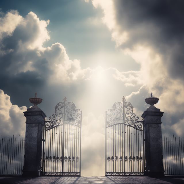 Majestic gates open to dramatic skies, with beams of sunlight piercing through clouds. Ideal for themes of spirituality, divine entrance, afterlife, and heavenly visions. Suitable for religious content, inspirational messages, or backgrounds for spiritual events.