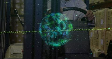 Warehouse automation with forklift operator and hologram globe