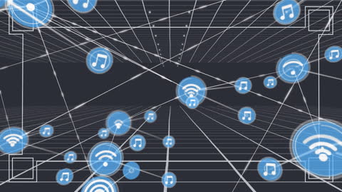 Digital Network with Music and Wi-Fi Icons Over Grid Background
