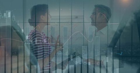 Business Team Discussing Strategy with Overlayed Financial Charts